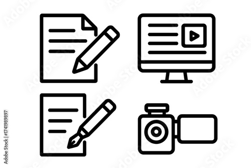 Writing content icons set with blog, vlog, and digital media symbols. Vector illustration of document and writing tools, video camera, and computer screen with video player, transparent background.