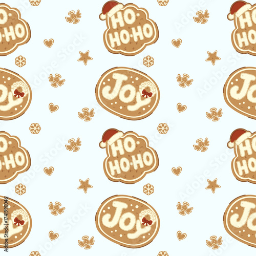 Seamless Christmas pattern with Joy and Ho Ho Ho gingerbread cookies, hearts and snowflakes in warm flat style