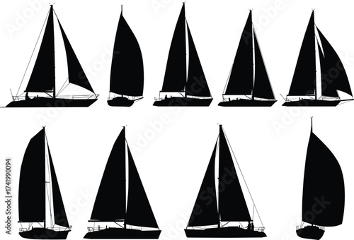 Sailboat silhouettes collection, nautical vessel icons, maritime sailing boats, yacht profiles, ship design illustration, vector artwork, marine navigation symbols