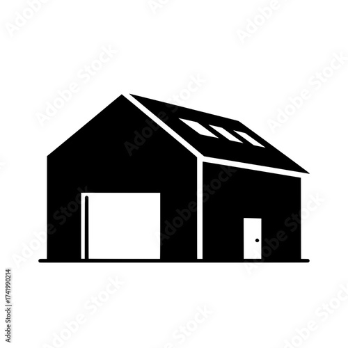 Simple black silhouette of a warehouse building icon with garage door.
