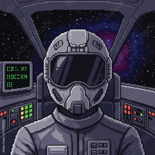 Pixel art of a pilot in a spaceship cockpit, looking forward with a nebula in the background.