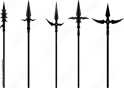 Silhouette collection of fantasy polearms, medieval spear weapon set, dark halberd designs for game assets, concept art, and illustrations.