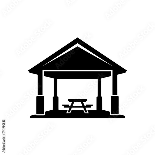Picnic shelter with table and benches icon silhouette graphic.