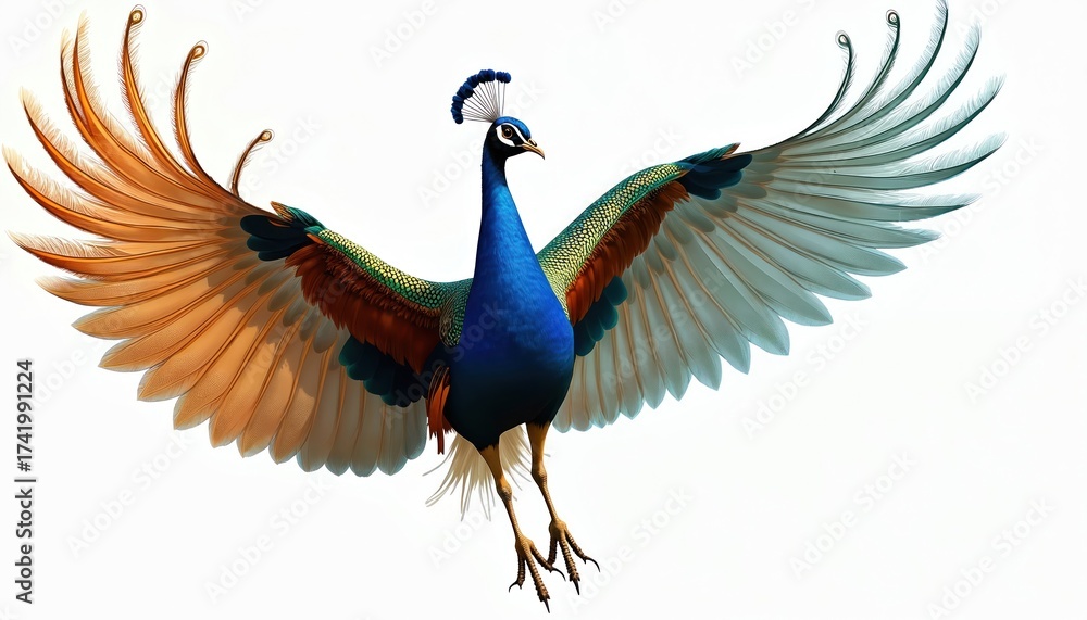 Fototapeta premium Majestic peacock takes flight, spreading wide colorful wings. Exotic bird shows vibrant blue body, green, orange, white feathers. Powerful animal soars in air with legs tucked, symbol of nature