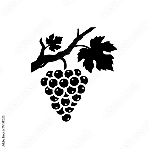 Black silhouette of a grape bunch on a vine with leaves fruit icon.