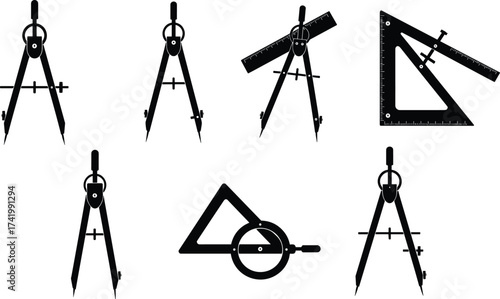 silhouette compass, geometry divider, math drawing tool, measuring instrument, technical drawing, architecture equipment, isolated white background, vector illustration
