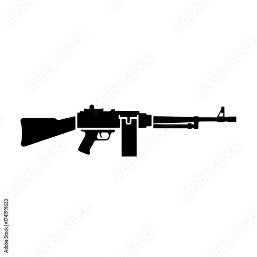 Military rifle silhouette icon representing weaponry and defense.