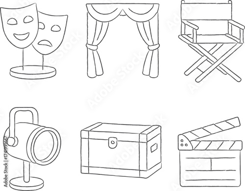 Theater icons with masks curtains and director chair