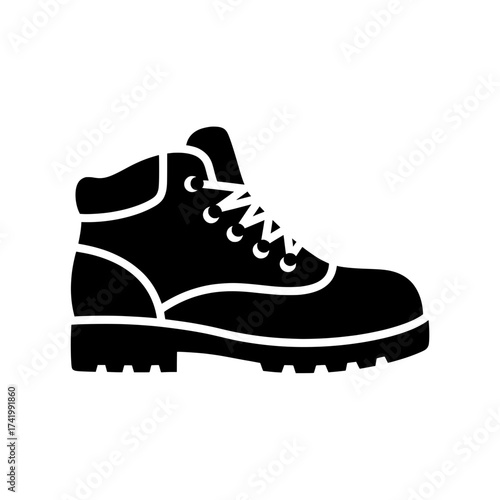 Black and white hiking boot icon isolated on white background.