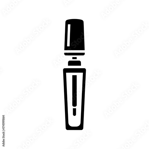 Mascara tube with applicator wand cosmetic product icon.