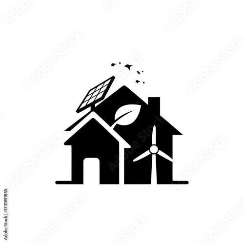 Ecofriendly house with solar panel wind turbine and leaf symbol.