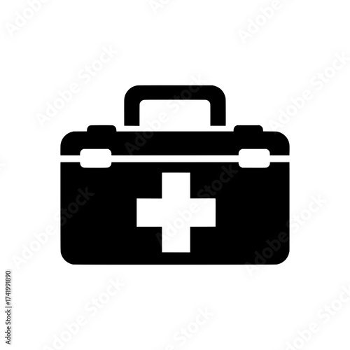 First aid kit with a white cross on the front black background.