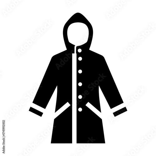 Black raincoat with hood and buttons perfect for rainy weather conditions.