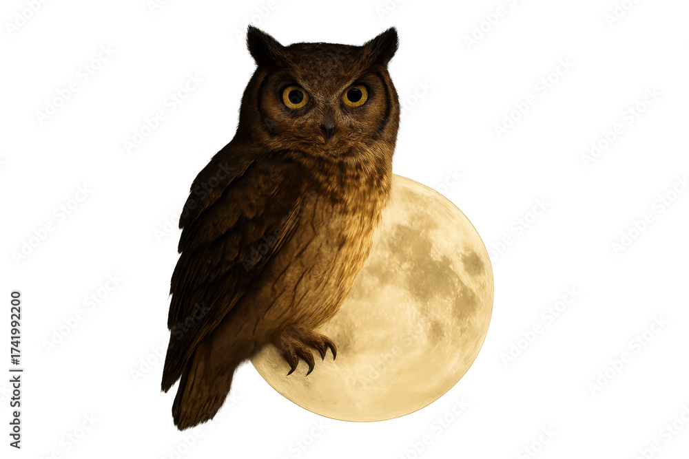 Obraz premium Owl standing on a full moon during night on transparent background