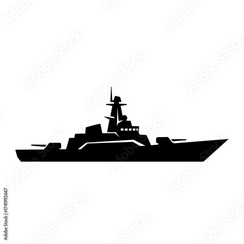Black silhouette of a warship on a white background.