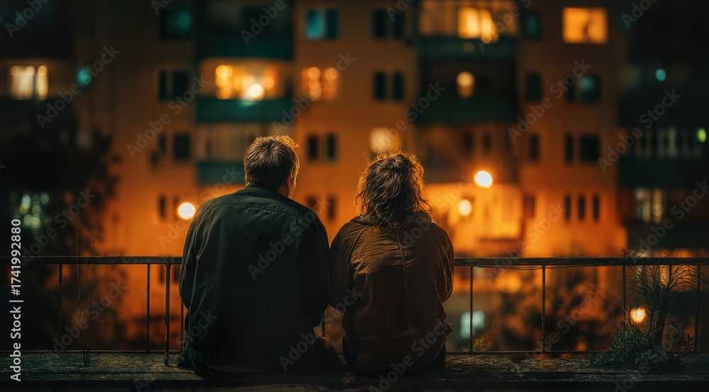 Fototapeta premium Two individuals embrace in a quiet moment overlooking a city at night, their backs turned towards the viewer, the city lights creating a beautiful scene
