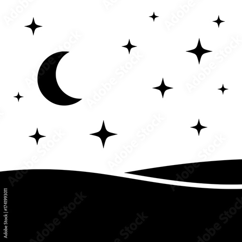 Night sky with moon and stars over a dark landscape.