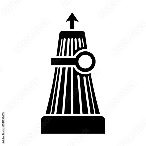 Abstract black and white illustration of a stylized air filter with an arrow.