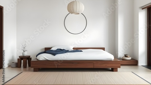 Minimalist Bedroom Interior Wooden Bed and Circular Wall Decor