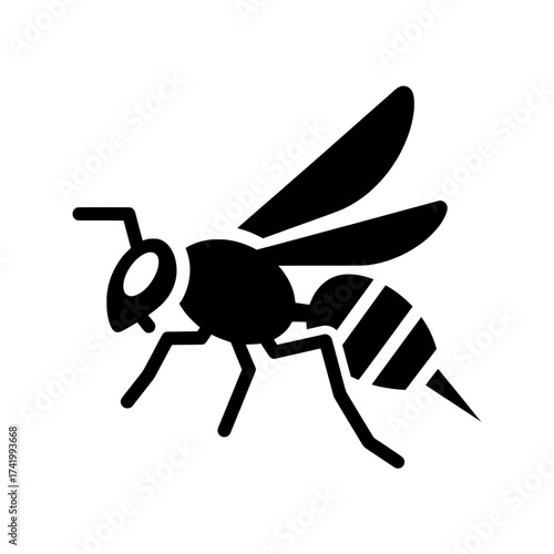 Black and white wasp insect illustration isolated on white background.