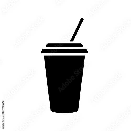 Black and white illustration of a beverage cup with a straw.