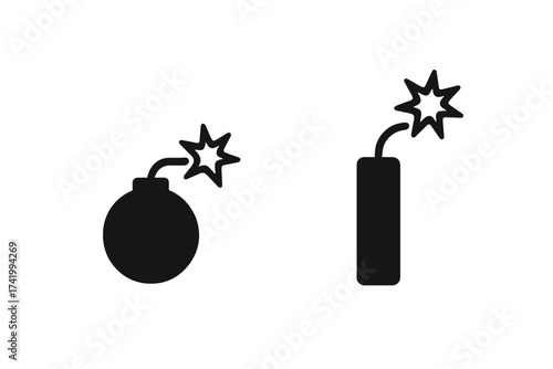 Bomb and dynamite with burning fuse icon set. Vector illustration silhouette. Explosive symbol concept for danger, risk, deadline, or urgent situation. Boom comic style element.