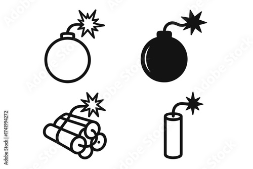 Bomb icon set with dynamite sticks. Dangerous weapon concept for explosion, terrorism, and war. Vector illustration of explosive devices, outline and silhouette style.