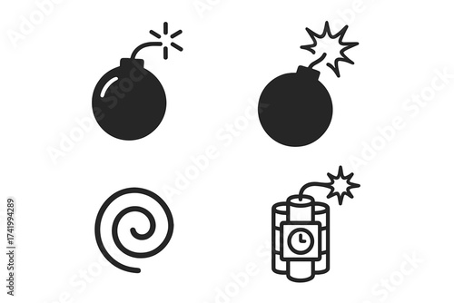 Bomb icon set dangerous weapon concept. Vector illustration of explosion, dynamite with clock timer, lit fuse. Symbol for danger, attack, war, terrorism, and destruction.