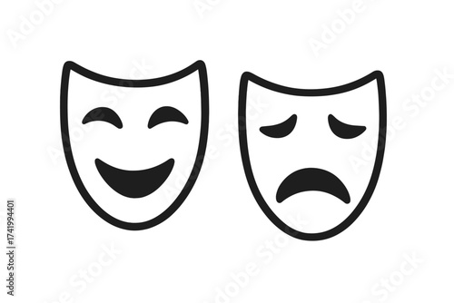 Comedy and tragedy theatrical masks. Happy and sad emotion face symbol. Metaphor for bipolar disorder or mood swings. Psychology icon of a drama actor. Vector illustration.