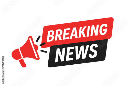 Breaking news banner template with megaphone icon for announcement and promotion. Live report, hot news broadcast concept. Journalism and media alert vector label set.