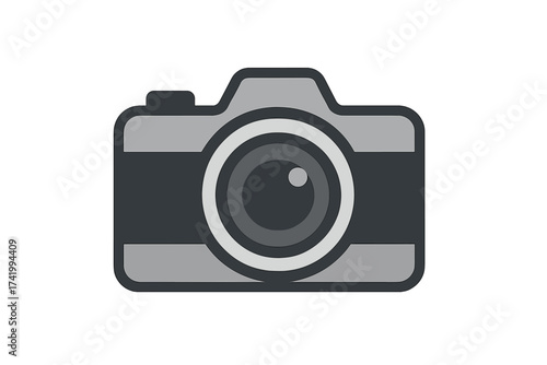 Camera photographic icon isolated on white. Digital photo camera vector symbol for photography. Flat graphic equipment illustration for multimedia, picture, lens, and shutter concept.