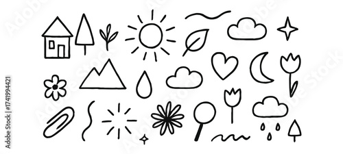 Large Hand-Drawn Doodle Vector Set of Nature, Weather, and Office Symbols Including House, Sun, Clouds, Trees, Flowers, Heart, Moon, and Paperclip for Design Elements


