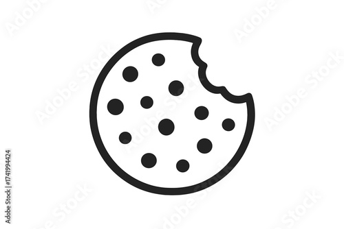 Cookie icon vector with a bite mark. Chocolate chip biscuit symbol. Isolated sweet snack logo. Outline dessert food illustration. Flat design for web, mobile app. Bakery concept.
