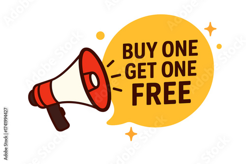 Buy one get one free announcement. Megaphone with speech bubble for BOGO sale promotion. Vector business marketing icon for retail discount, special advertising offer banner.
