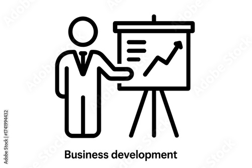 Business presentation icon. Man presenting growth graph on flip chart. Concept for business development, marketing strategy, financial report, data analytics, project success.