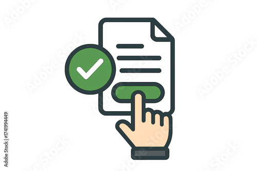 Hand clicking a green button to confirm consent and accept terms and conditions. Vector icon for document approval, agreement validation, and contract submission concept.