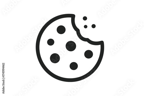 Cookie icon vector with a bite mark. Chocolate chip biscuit symbol for web and mobile. Sweet snack, dessert, bakery logo. Junk food graphic. Pastry illustration isolated.