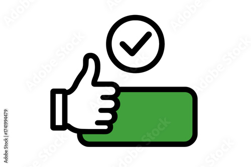 Consent and approval vector icon. Thumbs up gesture with green button and check mark. Concept of positive validation, agreement, permission, and successful confirmation. Like.