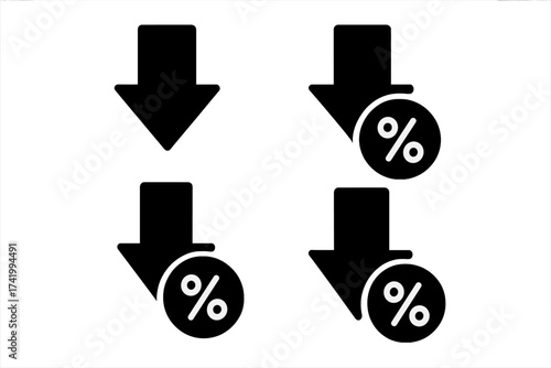 Set of discount icons. Percentage down arrow symbol for sales and promotions. Low price, cost reduction, and special offer vector sign. Financial crisis or rate cut concept.