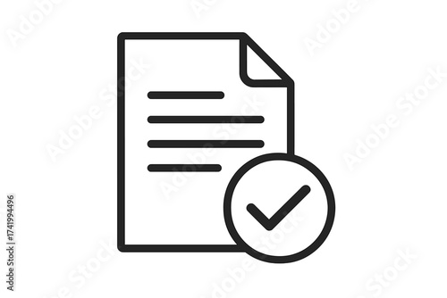 Document with check mark icon. Symbol of approved and confirmed file. Vector illustration of verification, certification, compliance, agreement, and passed quality control.