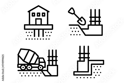House foundation construction icon set. Building process vector line icons. Concrete pouring with mixer truck, excavation with shovel, rebar reinforcement for home building.