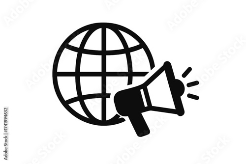 Globe and loudspeaker icon. Global communication. International advertising concept. Worldwide announcement. World news. Promotion symbol. Business marketing metaphor. Vector.