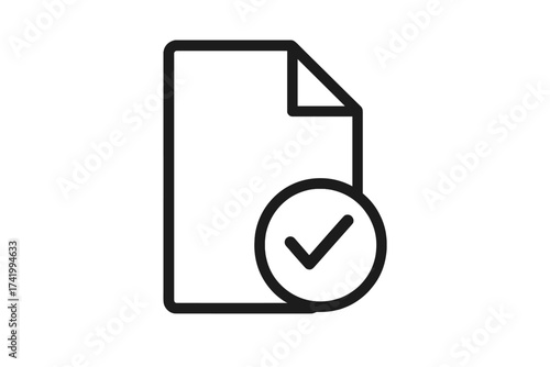 File with check mark icon for approval and verification. Document symbol for completed task, successful validation, or confirmed report. Vector line art for business concepts.