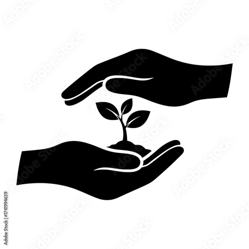 Hands protecting a small plant representing environmental protection and care.