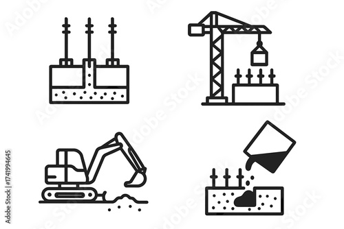 Construction icon set foundation building. Vector line icons of excavator digging, crane lifting, concrete pouring and rebar reinforcement. Architecture engineering symbols.
