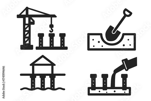 Foundation building icon set. Construction concept. Concrete pile, shovel digging ground, crane work, pouring cement. House base engineering. Building process pictogram collection.
