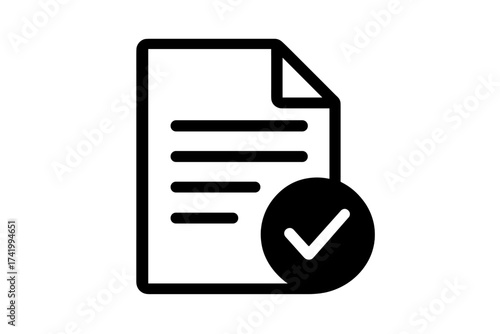 Document with check mark icon. Approved and confirmed file symbol. Vector illustration. Concept of validation, verification, agreement, and compliance. Task complete, accepted.