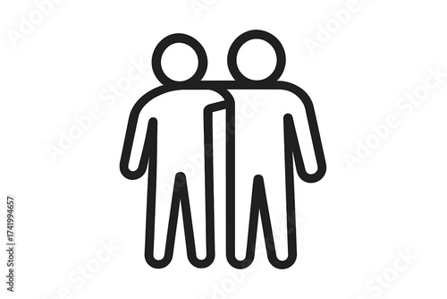 Friendship vector icon. Two people hugging, friends together. Symbol of partnership, support, and teamwork. Simple minimal line art illustration of a close relationship.