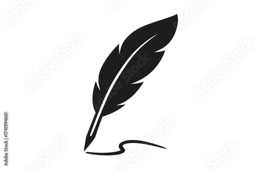Feather quill pen icon writing a signature. Vintage calligraphy symbol. Old inkwell pen for literature, poetry, law, or history. Classic writer and author logo concept.