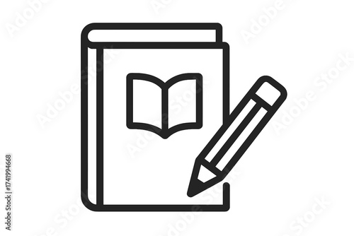 Edit icon with book and pencil symbol. Vector for learning, education, writing, or studying. Concept for storytelling, copywriting, author, homework, and knowledge. Note taking.